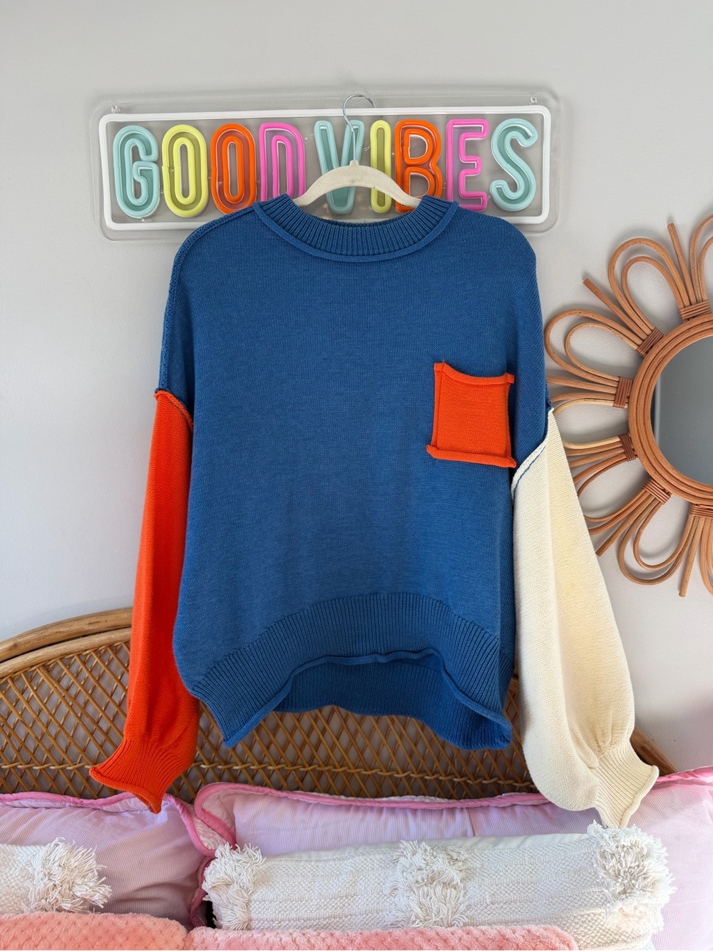 POL Colorblock Crewneck Sweater in Blue with Orange Pocket & Cream Sleeve